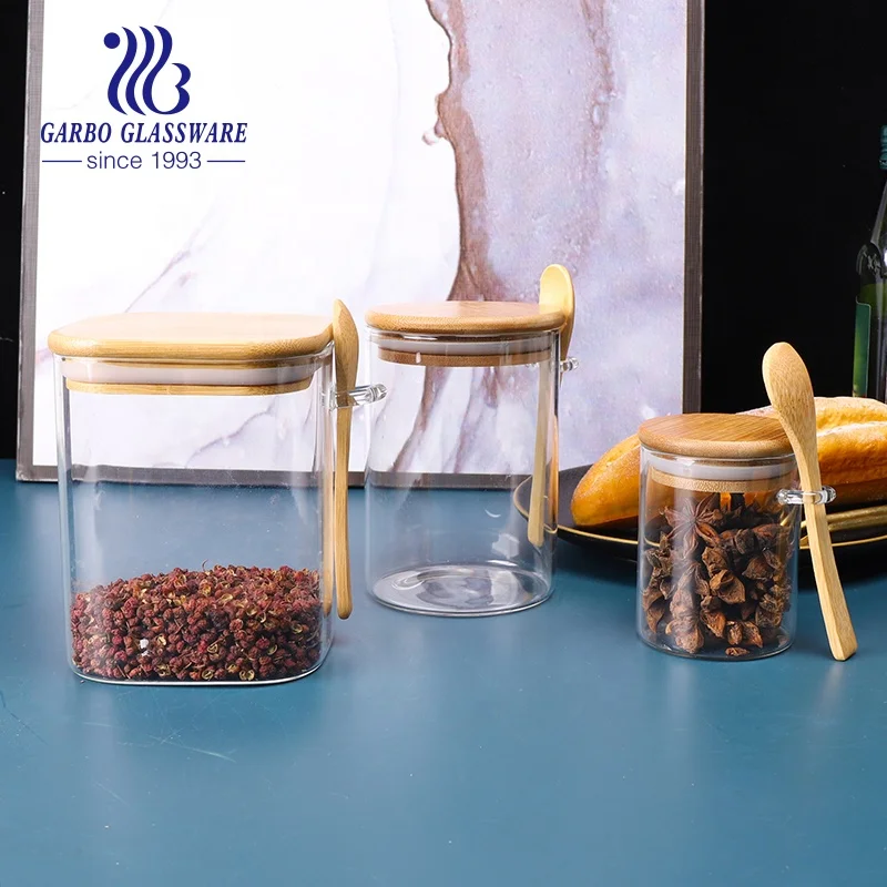 High borosilicate square glass food storage jars with wooden bamboo silicone lids and spoon kitchenware container glass jar