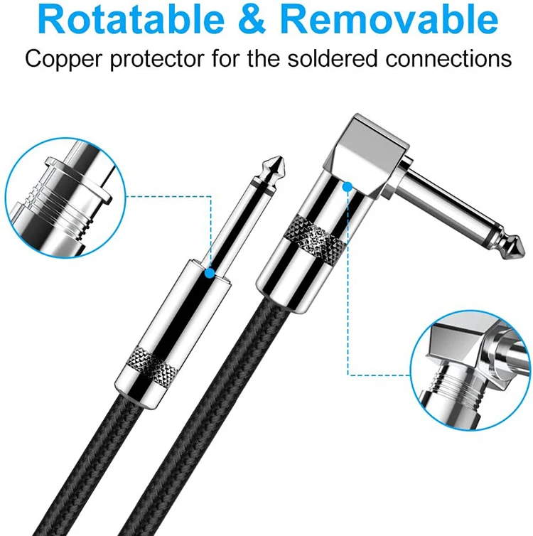 Factory OEM 10FT 1/4 Inch TS Mono Jack Right Angle to Straight Electric Guitar Cable for Acoustic Instrument for Music Amplifier