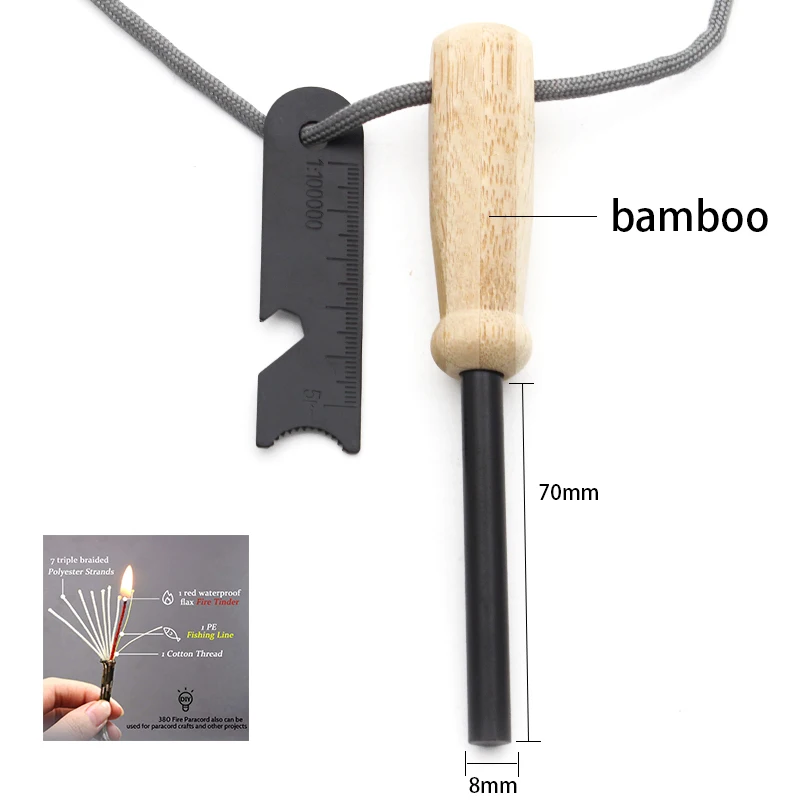 Survival Tinder Paracord EDC Accessories Waterproof Natural Bamboo Handle Fire Ferro Rod Starter for Wildness