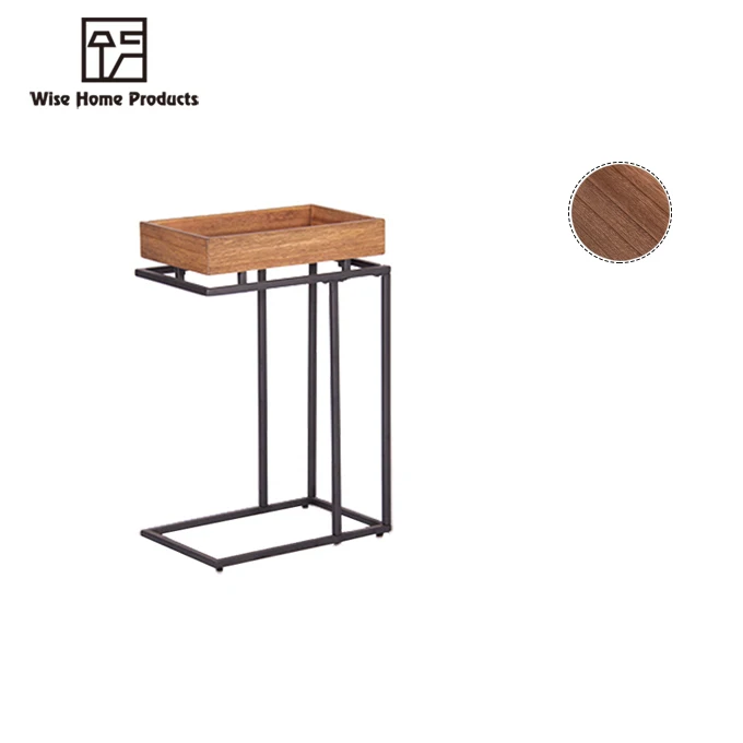 New Design C Shape Metal Leg Wooden Tray Bed Side Table For Living Room Furniture