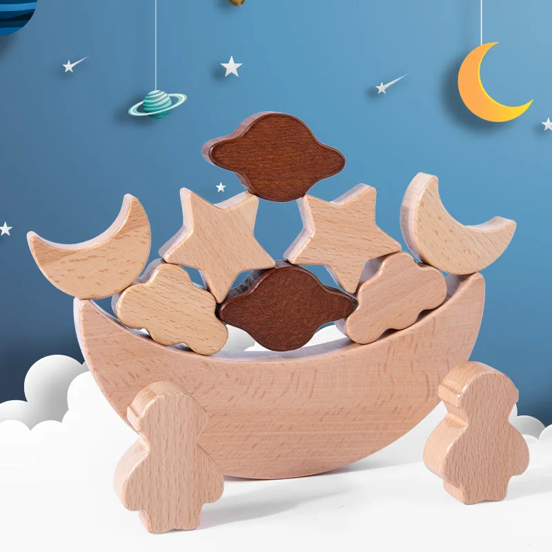 Eco-friendly Solid Wood  Montessori  Stars Moon Stacked Blocks Balance Building Blocks Educational Toy for Toddlers