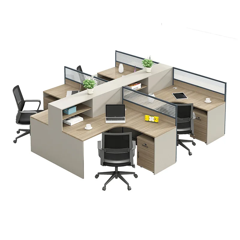 Four seat modern minimalist work station staff desks computer screens workstations office desks and chairs
