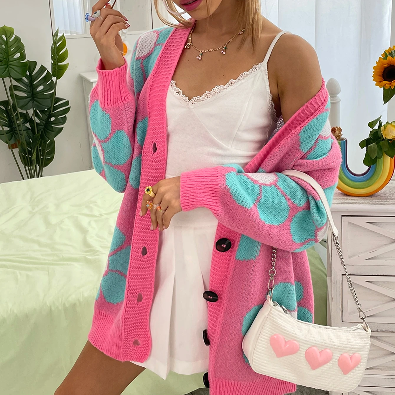 Manufacturer OEM ODM custom women flowers jacquard knitted loose cardigan