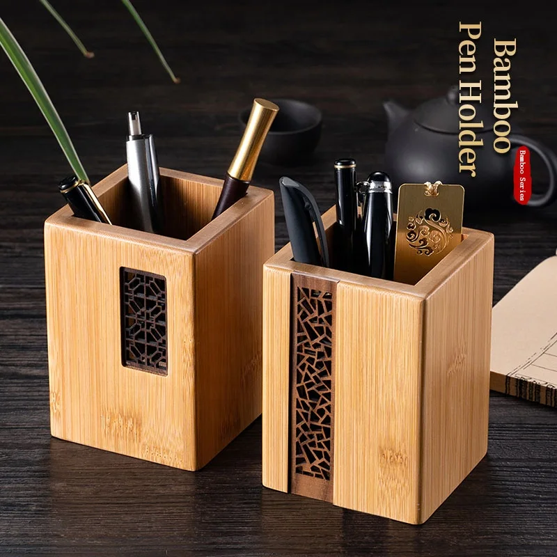 Custom Made Pen Holder Wood Promotional Bamboo Wood Desk Pen Pencil Holder