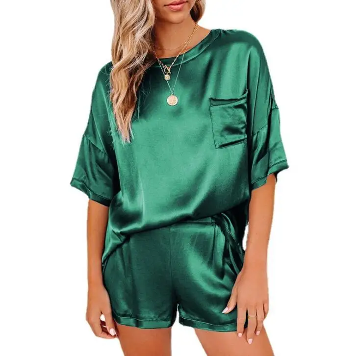 2021 Hot Selling Silk Satin Pajamas Set Casual Homewear Short Set for Women Lounge Wear Pajamas