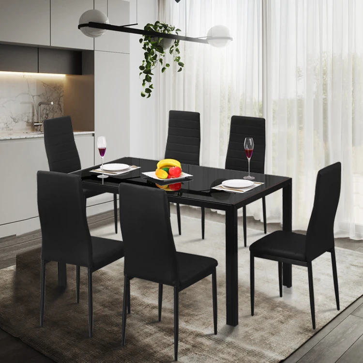 Modern Design Dining table set 6 seater Glass top black glass dining table set 6 chairs