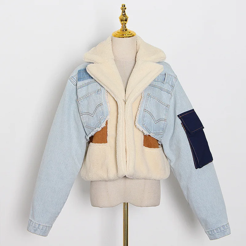 Winter Coat Lamb Hair Inner Deerskin Jean Patchwork Coat Oversized Denim Jacket For Woman Ladys