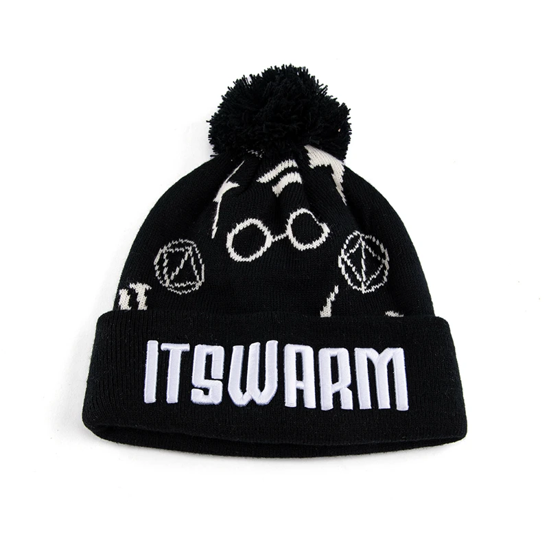 Manufacture jacquard embroidery logo acrylic pom pom beanie hats unisex knit winter beanie hat with custom logo