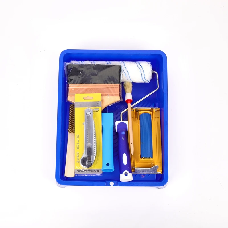 BIYU Blue Stripe Paint Roller Set With Wire Brush Round Head Brush Cutter Knife Scrapper Painting Brush Frame