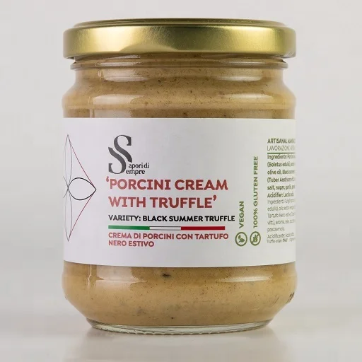 PORCINI CREAM WITH BLACK SUMMER TRUFFLE in glass jar 90gr, 180gr, 500gr, 1000gr, Italian origin excellent on pizza, pasta