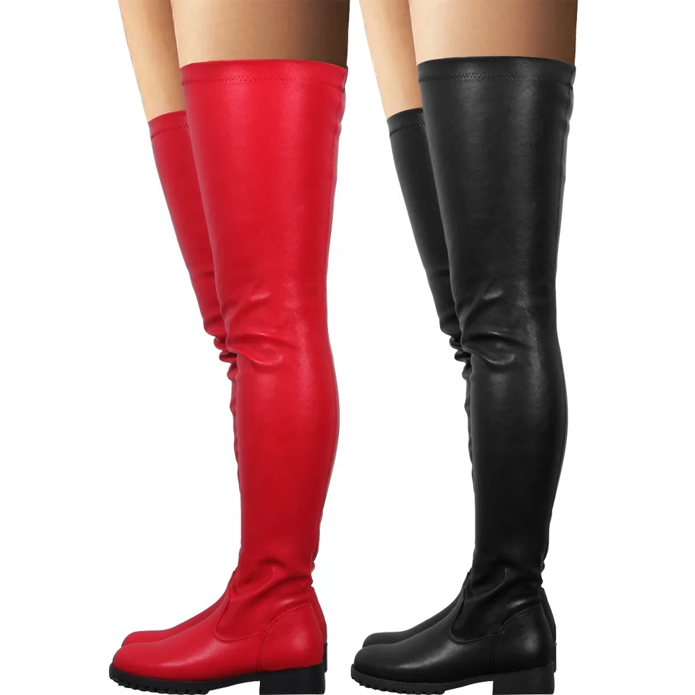 Cowinner Womens Thigh High Boots Round Toe Low Chunky Heel Flat Slip On  PU Over the Knee High Boots