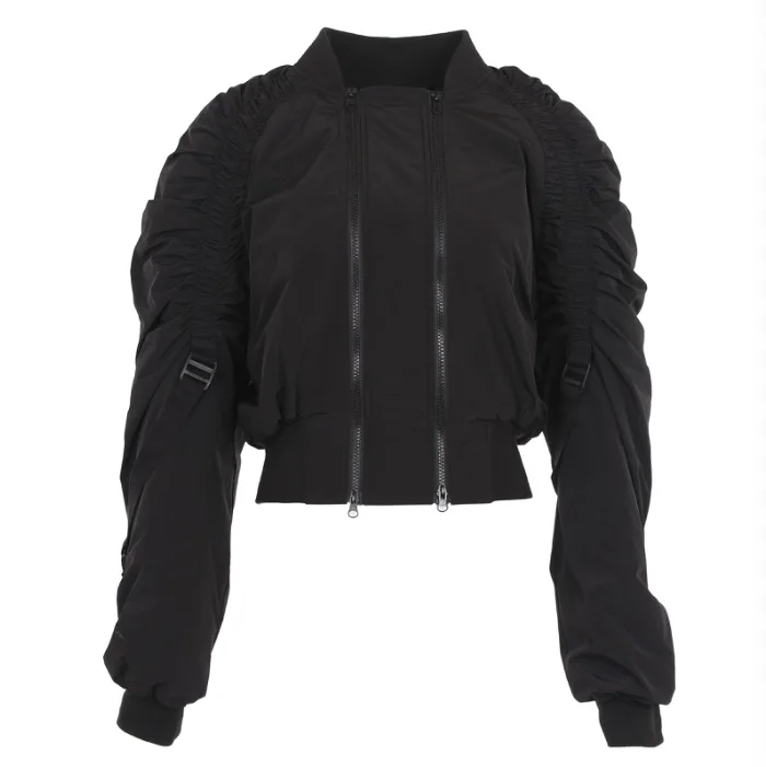 Новая оптовая продажа, Короткая свободная куртка-бомбер с двойной молнией и плиссировкой, Женская куртка на осень и зиму