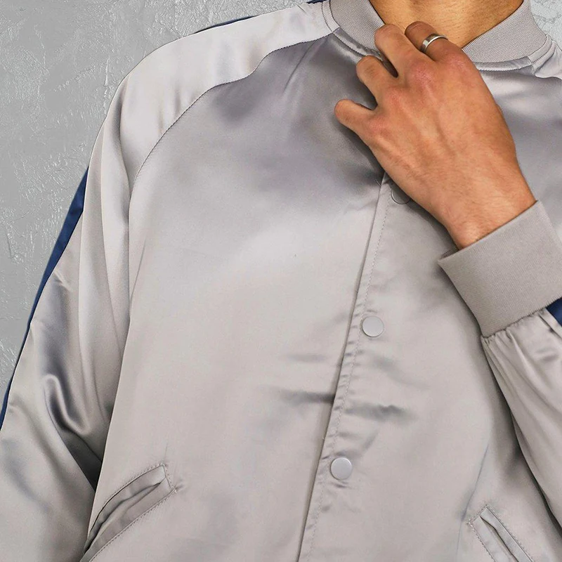 New custom men winter polyester shiny jackets for men stylish patched bomber jacket