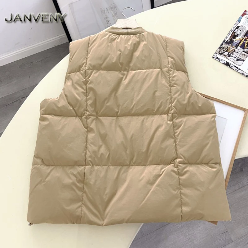 JANVENY 2022 New Winter V-neck Single Breasted Down Vest Women Elegant Wide Shoulder Pockets Stand Collar Loose Puffer Waistcoat