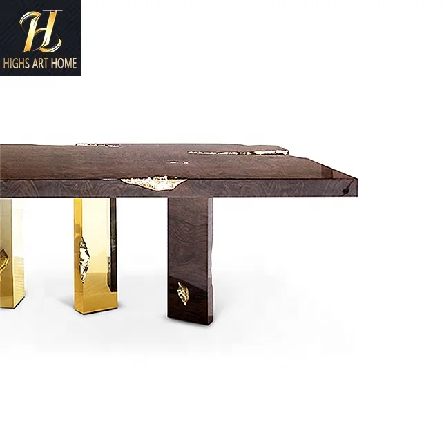High Quality Rectangular Stainless Steel Titanium Gold Decorated Dining Table Luxury Villa Dining Table For 10 People