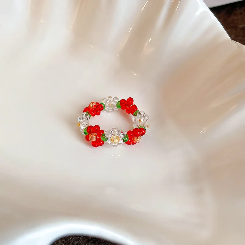 Irregular Flower Glass Beaded Elastic Ring Sweet Food Finger Ins Mori Style Girlish Bracelet for Women