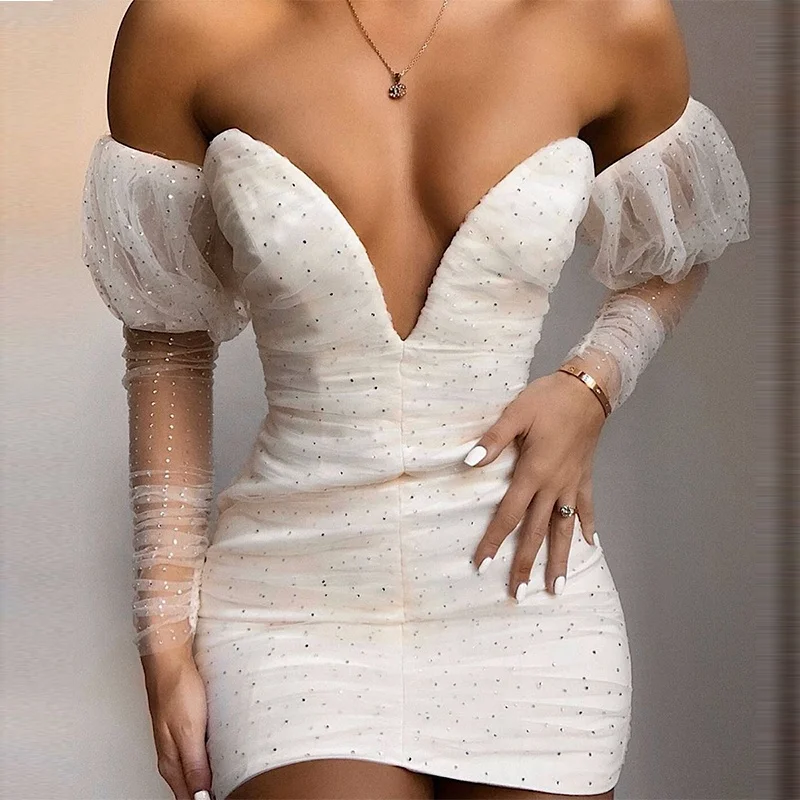 Factory OEM custom ladies v neck white mesh crystal puff sleeve evening party club gown sexy bodycon mini dresses women