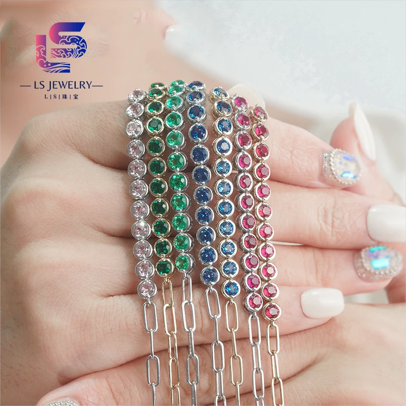 14k Solid Gold Wholesale  Round Shape Lab Grown Gemstone Luxury Engagement Jewelry Emerald Ruby Alexandrite Bracelet