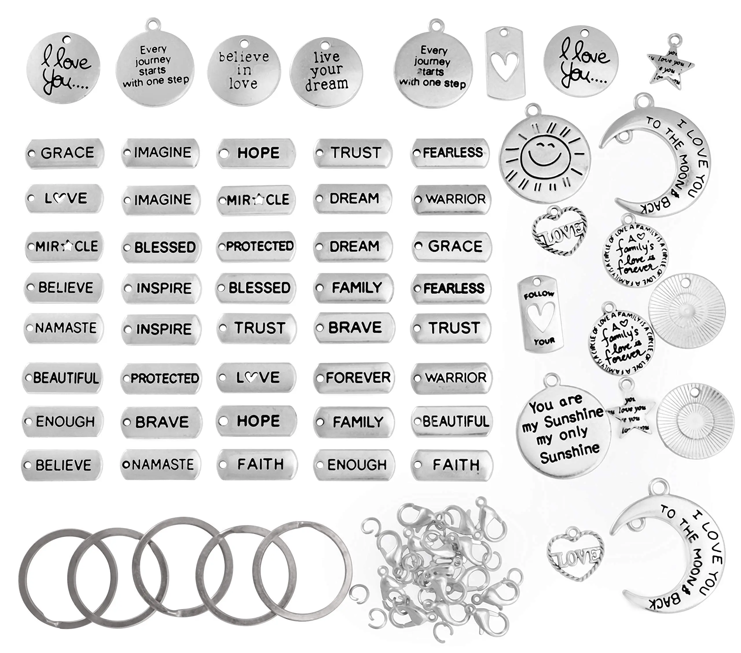 60pcs Silver Word Charms for DIY Craft Bangle & Jewelry Making Designer Set for Bracelet & Crafting Supplies