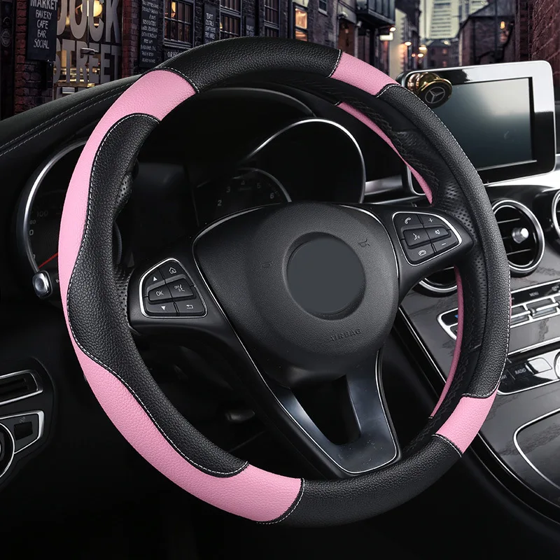 New 38cm Round And D Shape Leather With Carbon Fiber Steering Wheel Cover With Rubber Ring For Universal Car