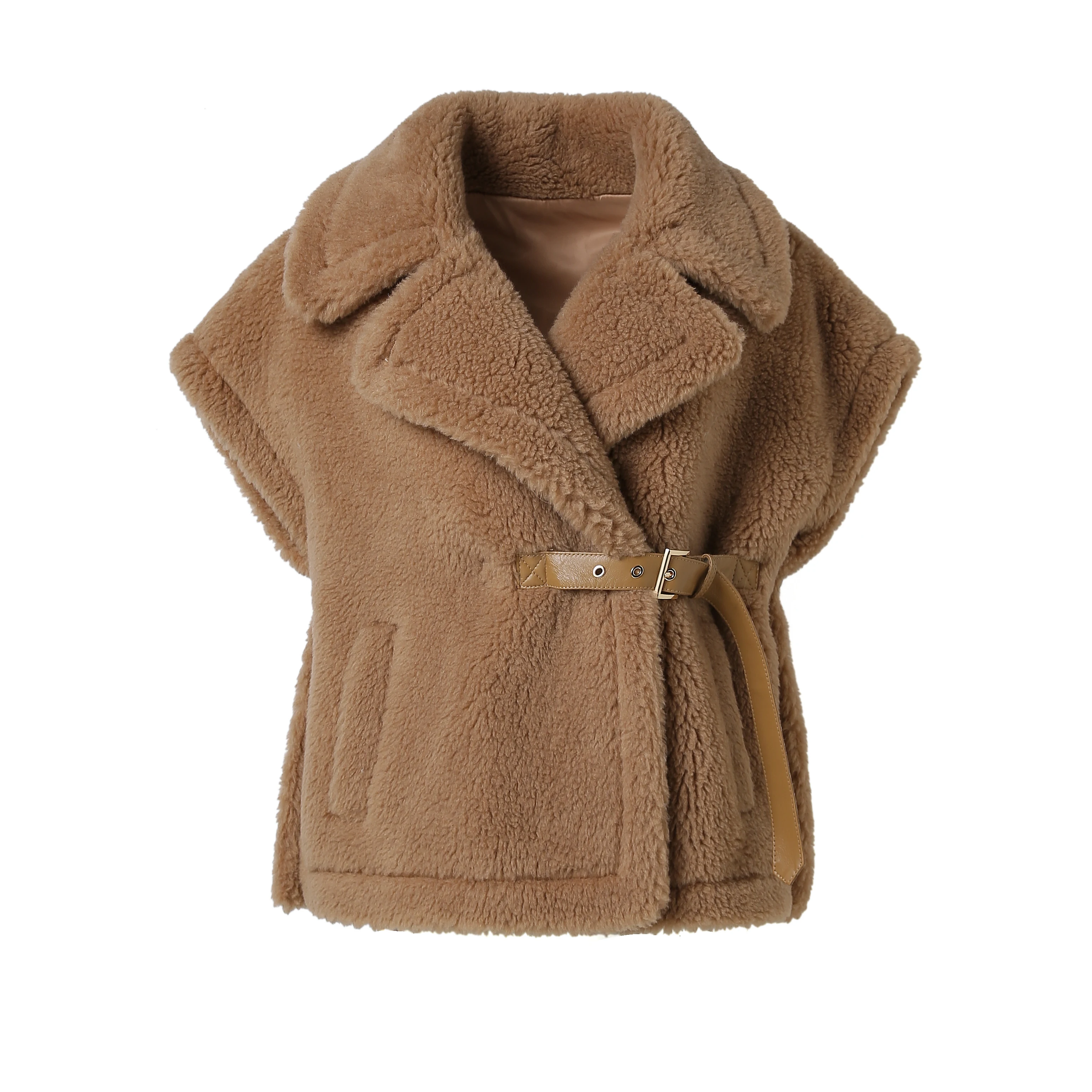 High Quality Women Solid Color Sheep Shearling Fur Coat Windproof Teddy Coat with Belt