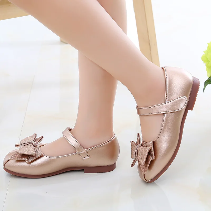 
peep-toe 3-12 years loafer youth student kids children little girl baby bowknot pink gold black leather mary jane casual shoes 
