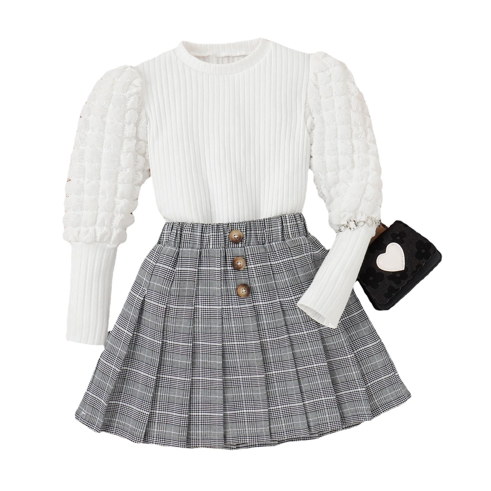 Puff Long Sleeve Cotton Top Kids Clothes Set Girls 8 - 12 Years Of Age Pair With New Mini A Line Plaid Skirt