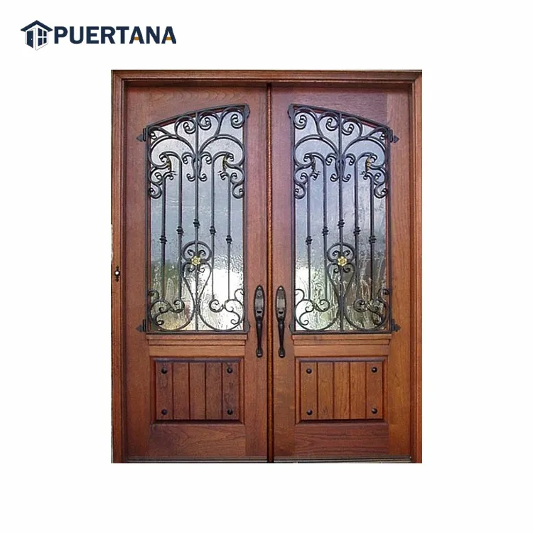 Custom Solid Wood Timber Wrought Iron Door Entry Wooden Door Decorative Cast Iron Grill Design Exterior Front Door