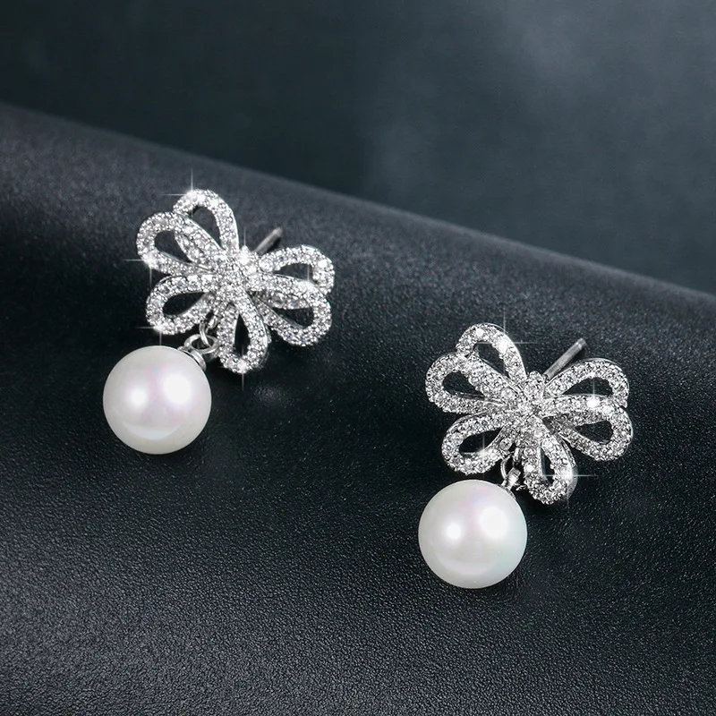 High Quality Rhodium Plated Shell Pearl and Cubic Zirconia CZ Crystal Pave Cute Bow Drop Earring