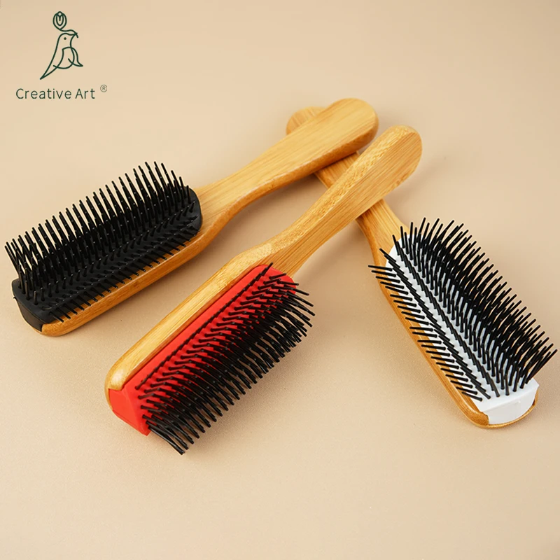 Customized Logo 9 Rows bamboo Nylon Pins Brush Natural Curly Hair Paddle Styling Hair Brush