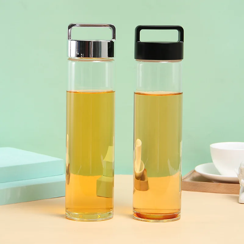 Seaygift portable handle clear double wall tea separation glass cups tea infuser glass water bottles with tea strainer