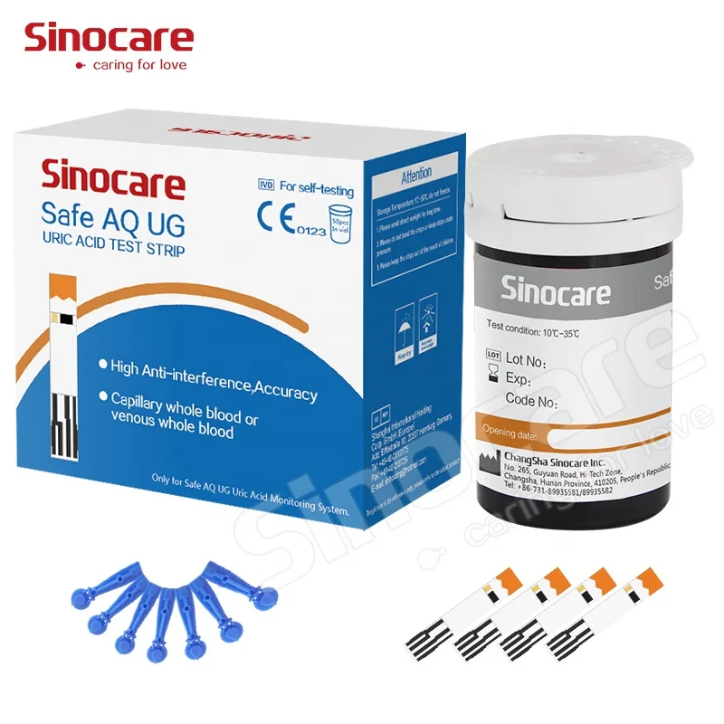 Sinocare мочевой кислоты с кодовая пластинка для безопасная UG пожилых портативный UA штуками тест-полосок и ланцетов боли быстрой проверки, 50 шт в наборе