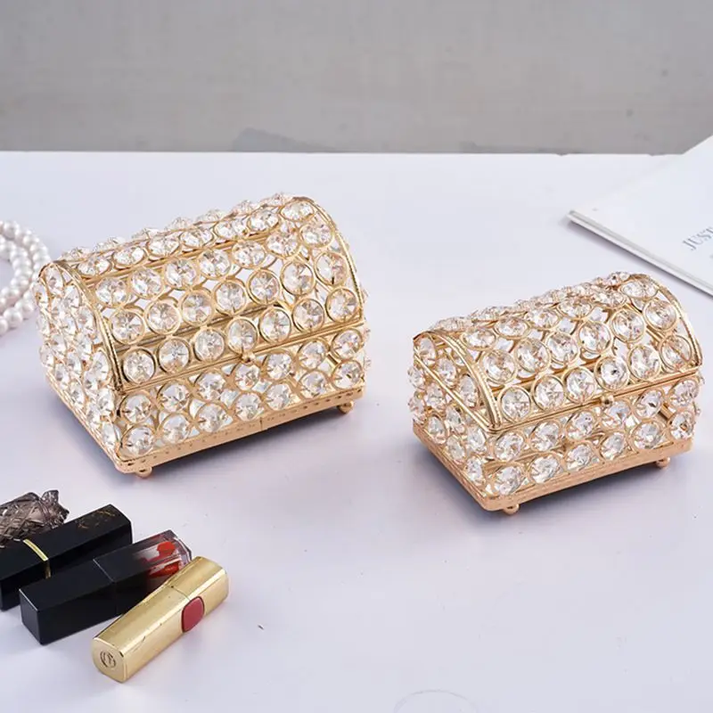 Wedding Hardware Iron Treasure Chest Electroplated Gold Crystal Home Accessories Gift Gold Box Sign-in Desk Arrangement Props