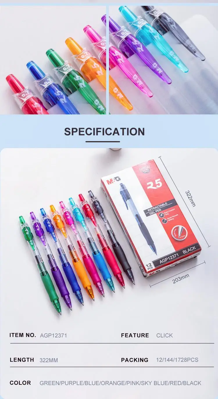 M&G Stationery R5 Wholesale Custom Colored Retractable Gel Ink Pens Multi-Color 0.7mm Writing Width Blue Pink Red Purple Orange
