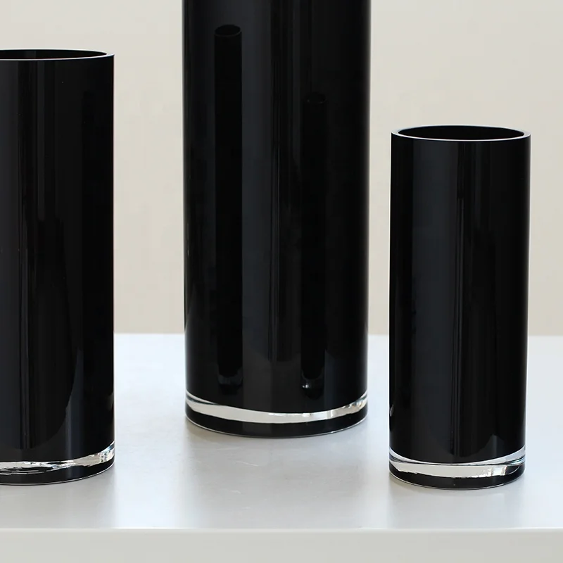 Bixuan Handblown Glass Vase Home Decor Table Centerpieces Modern Wedding Flower Arrangement Cylinder Black Color Glass Vases