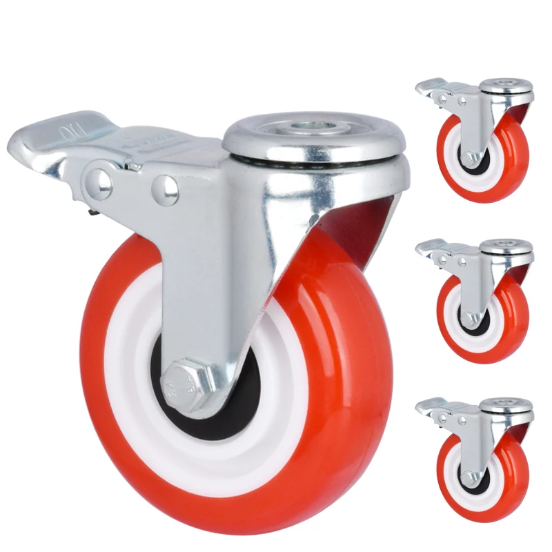 HOT SELL 100mm LP rubber PU Red white Castor Swivel Trolley Industrial 4 Inch Heavy Duty Top hole Caster Wheels with brake