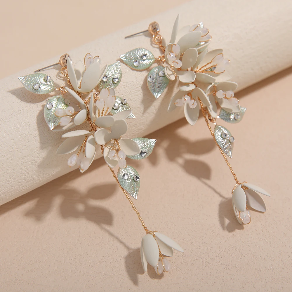 Handmade Bridal Gold Leaves Flower Clip Earring Wedding Statement Earrings Women
