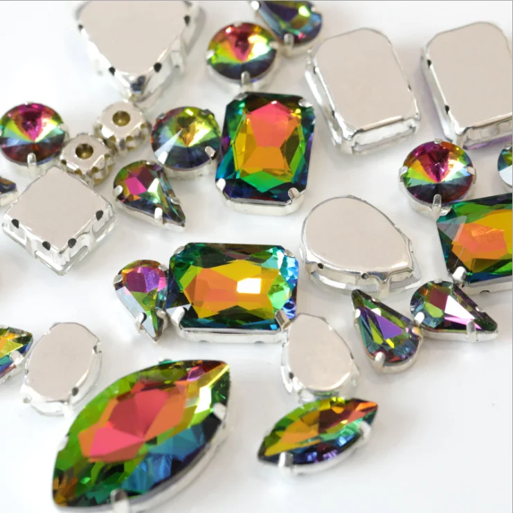 Sew on flat back glass Rhinestone with claw, glass rhinestone in sew on setting