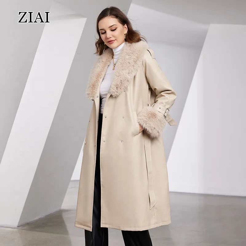 New Stock Double Breast Women Fur Coats Jackets Winter Long Coats Fashionable Trendy Fur Trimmed Leather Women Pu Coats