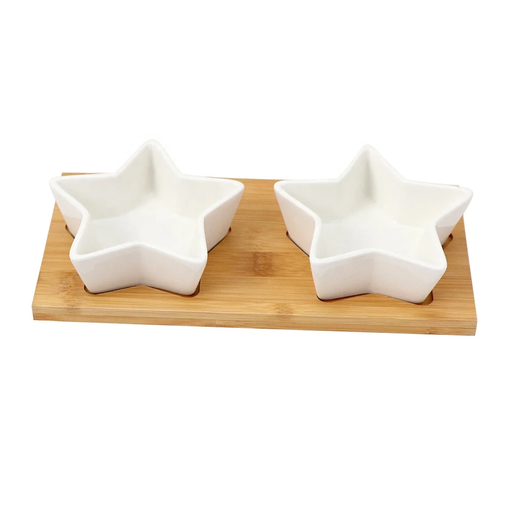 Creative Ceramic Fruit Snack Plate Star Shape Condiment Dish Bowl Ceramic Compartments Dry Fruit Nut Candy Tray With Bamboo Base