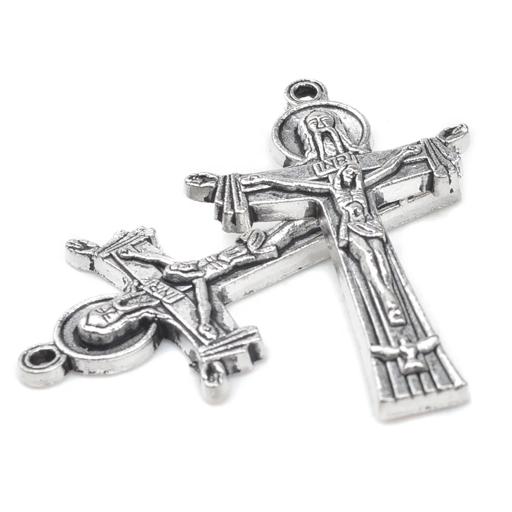 Religious Catholic 40x25mm Rosary Cross Silver Alloy Medal Jesus Crucifix Pendant