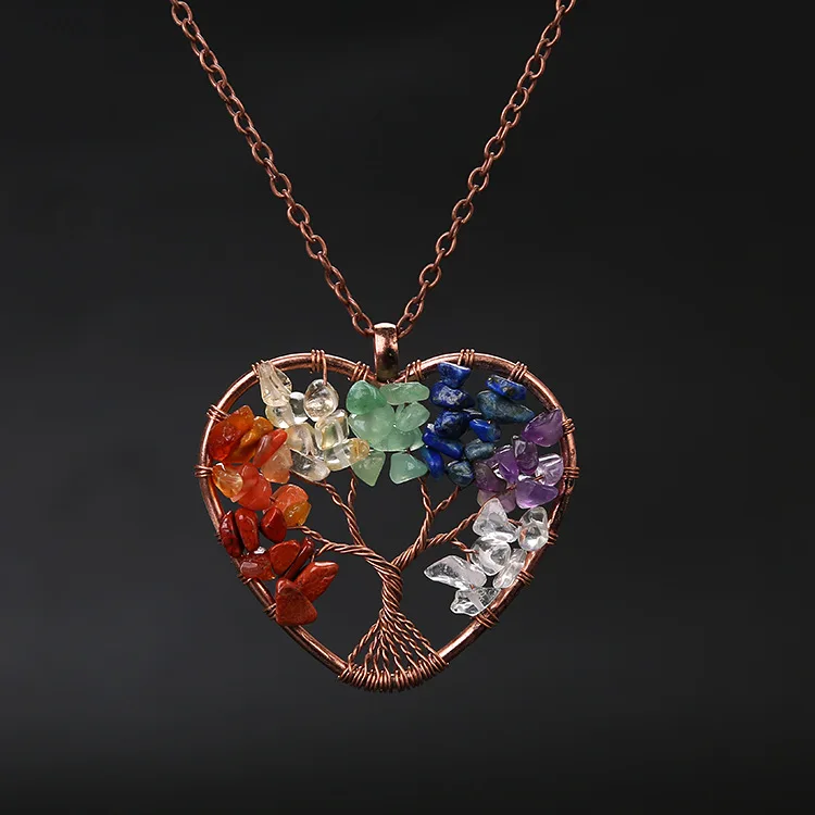 
7 chakra natural stone jewelry handmade wire wrapped necklace heart shaped tree of life pendants necklace 