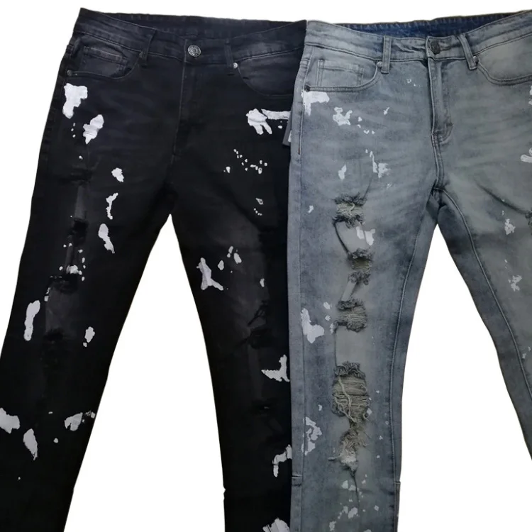 New Men Slim fit Slim pencil pants High elasticity Biker jeans Hole Cat claw destroyed Spray paint Leisure trousers