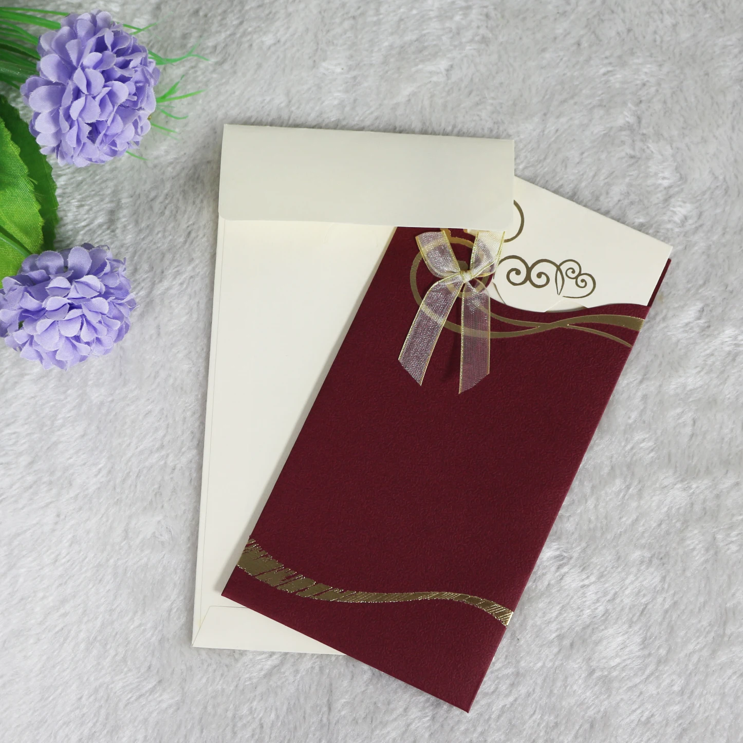Wholesale Cheap Price Gold Foiling Wine Red Pocket African Vintage Wedding Invitation Set With Ribbon Bow