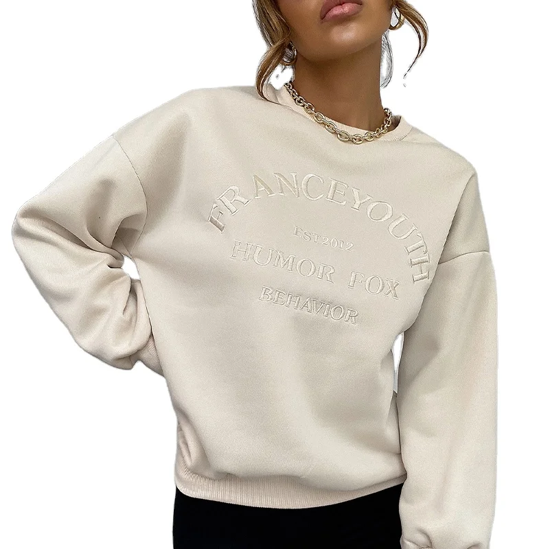 Custom Casual Spring Athletics Jumper Streetwear Fleece 100% Cotton Ins Unisex Beige Crewneck 3d Embroidery Sweatshirt