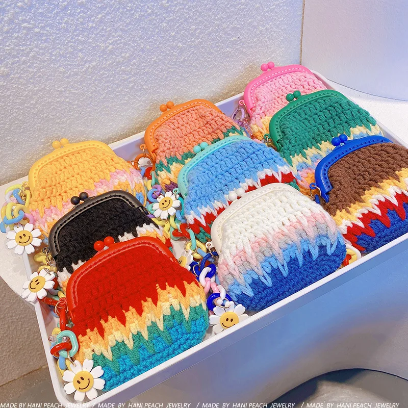 Vintage Women Handmade Crochet Coin Purse Rainbow  Gradient Chain Trendy Star Hook Weaving Knitted Wallet Women Small Handbag