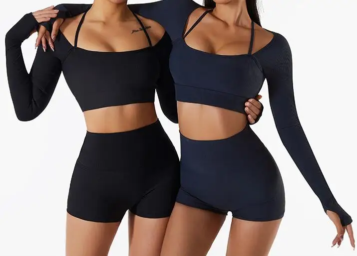 Yoga Sets Women Sportswear Suit Two Piece Set Long Sleeve Crop Top Short Leggings Workout Clothes High Waist Gym Wear C14301