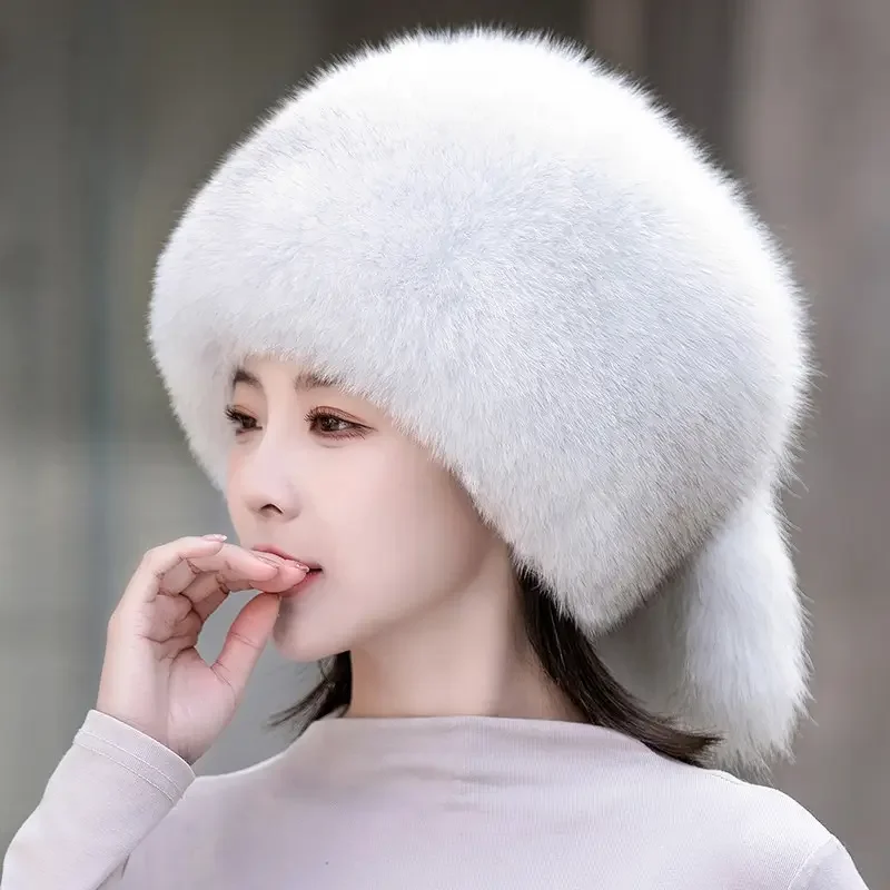 MWfur Fashion Russian Raccoon Fur Silver White Fox Fur Hat For Women Ladies Winter Plush Fox Fur Hat with Tail