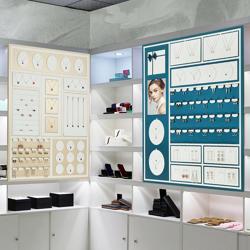 Modern leather jewelry store window accessory display design hanging wall jewelry organizer earring necklace set display prop