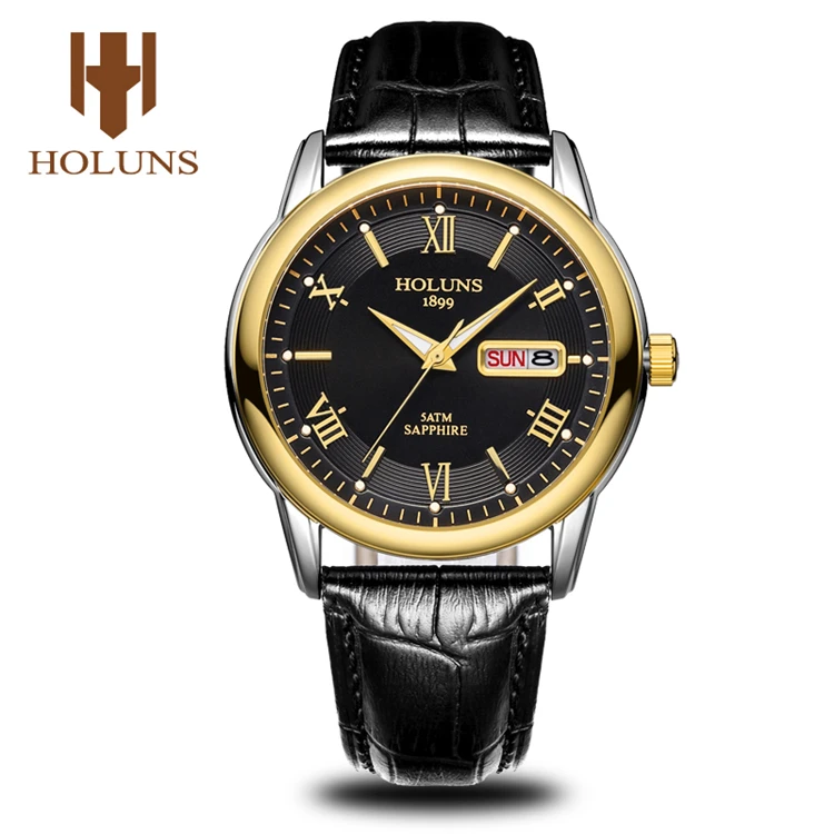 HOLUNS HLS007 Mens Watches Top Brand Luxury Fashion Casual Classic Gold Male Leather Stainless Waterproof Wristwatch For Men